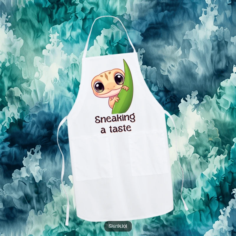 Funny skink apron, wearing a chef hat, tiny with curious eyes peeking from behind a leaf.