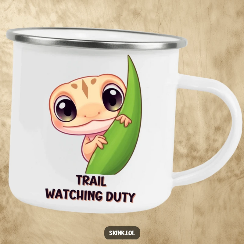 Funny skink camping mug, tiny with curious eyes peeking from behind a leaf, a humorous outdoor mug.
