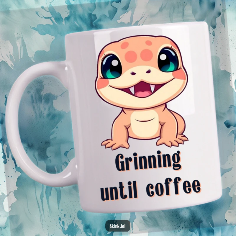 Funny skink mug, wide radiant smile, showing tiny pointy teeth, a cheerful and comical reptile.