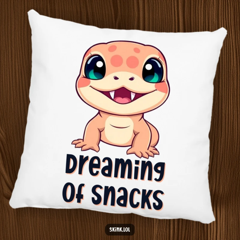 Funny skink pillow, beaming with a wide, toothy smile, a soft and humorous decorative item.