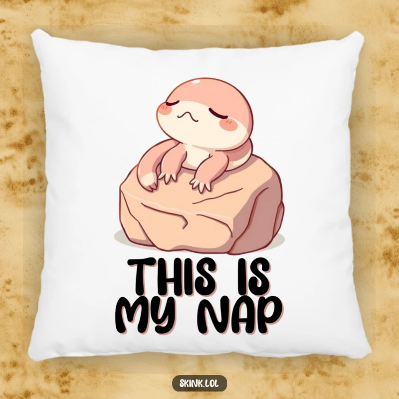 Funny skink pillow, eyes closed while sunbathing on a rock, soft and humorous decor.