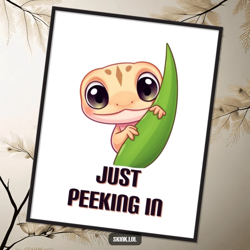 Funny skink digital art, tiny with large curious eyes peeking from behind a leaf, humorous.