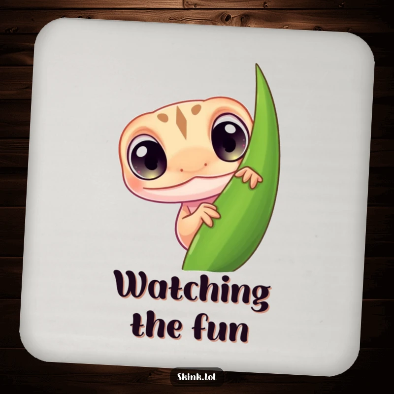 Funny skink drink coasters, tiny with large curious eyes peeking from behind a leaf, humorous.