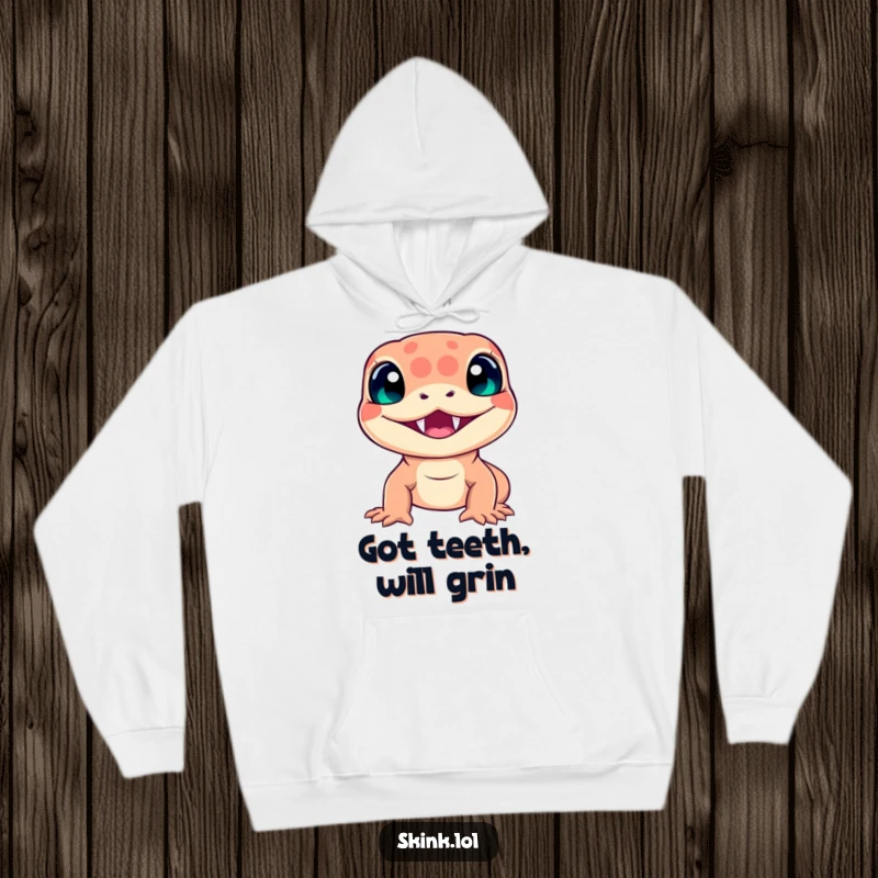 Funny skink hoodie, radiating a happy smile with sharp teeth, a cozy and amusing reptilian design.