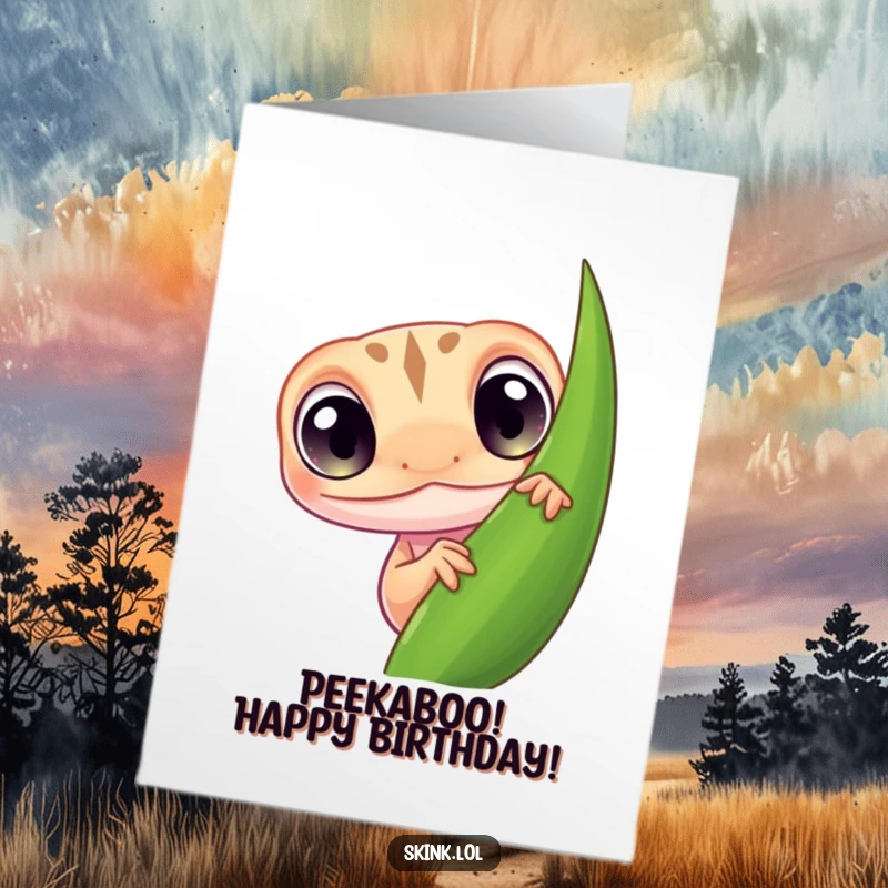 Funny Free Printable Birthday Card: Tiny skink with big eyes peeking curiously from behind a green leaf.