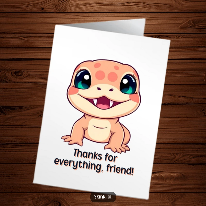 Funny Free Printable Thank You Card: A skink with a radiant smile, a cute way to express thanks.