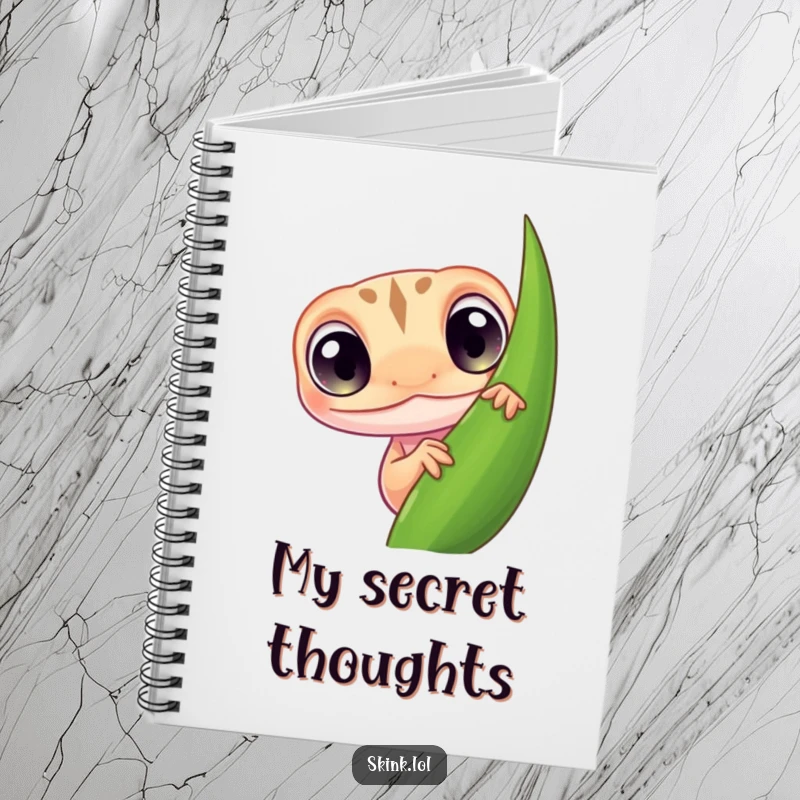 Funny skink notebook, tiny with large curious eyes peeking from behind a leaf, perfect for journaling.