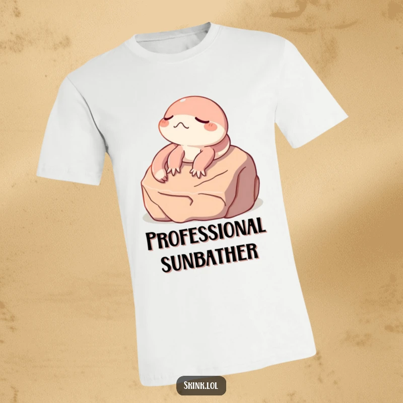 Funny skink t-shirt, eyes closed, sunbathing on a smooth rock, a comical depiction of pure bliss.